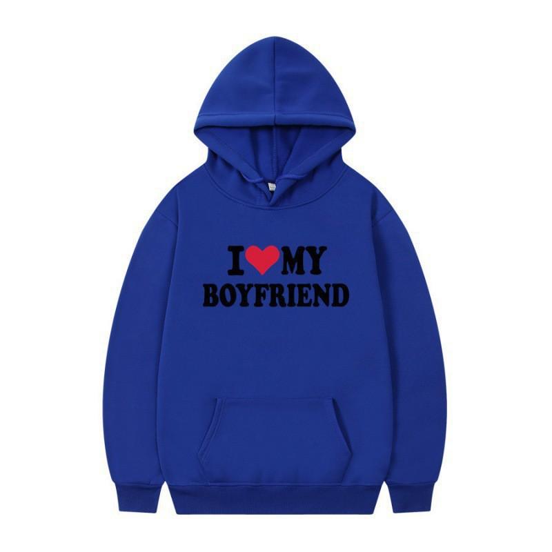 Mens Gothic Streetwear Hooded Sweatshirt With I LOVE MY BOYFRIEND Print Long Sleeve Loose Fit