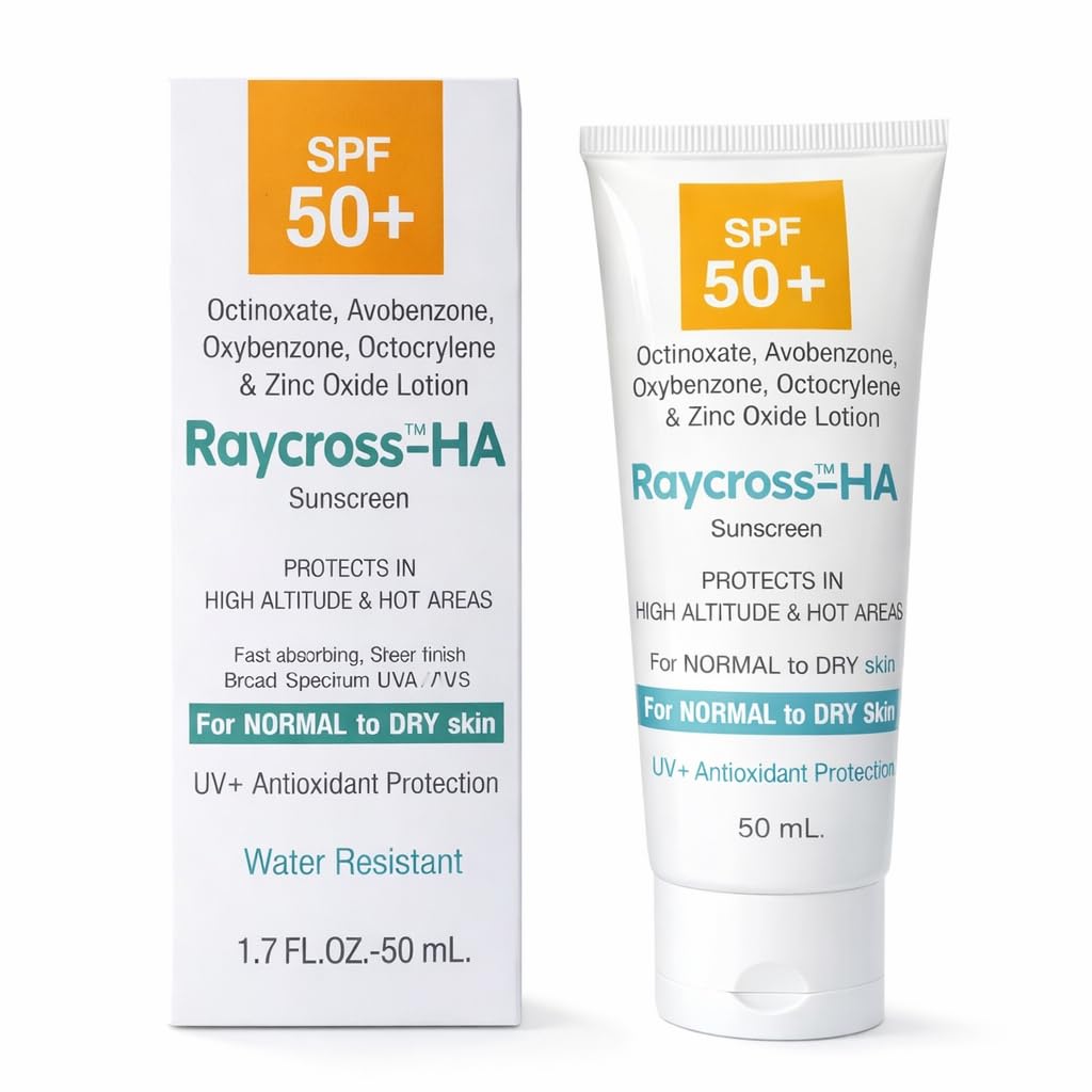 Солнцезащитный лосьон Raycross-HA SPF 50+ для нормальной и сухой кожи, 50 мл, Водостойкий, UV+ Антиоксидантная защита