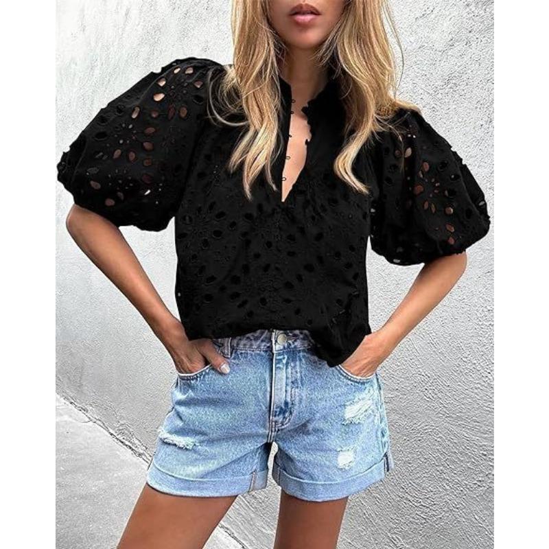 DAFIFY Women's Fashion Casual Summer Spring Solid Color Print 1/2 Sleeves V-Neck Blouses & Shirts
