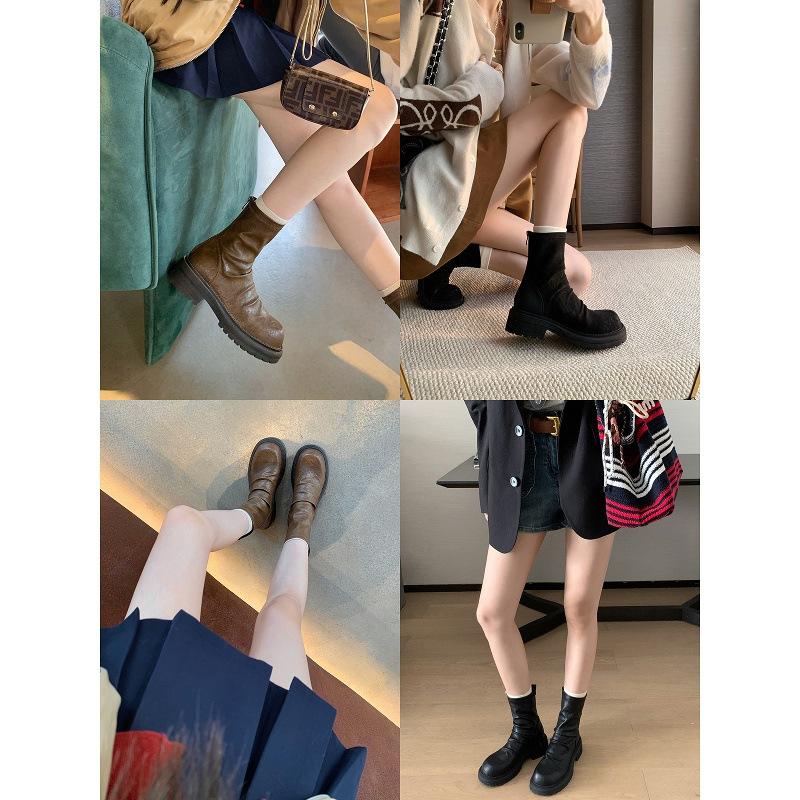 Версия из коровьей кожи виноградный матовый толстая подошва ретро кожа плиссированные задняя молния на наборном каблуке короткие ботинки женские тонкие ботинки британские ботинки Мартин