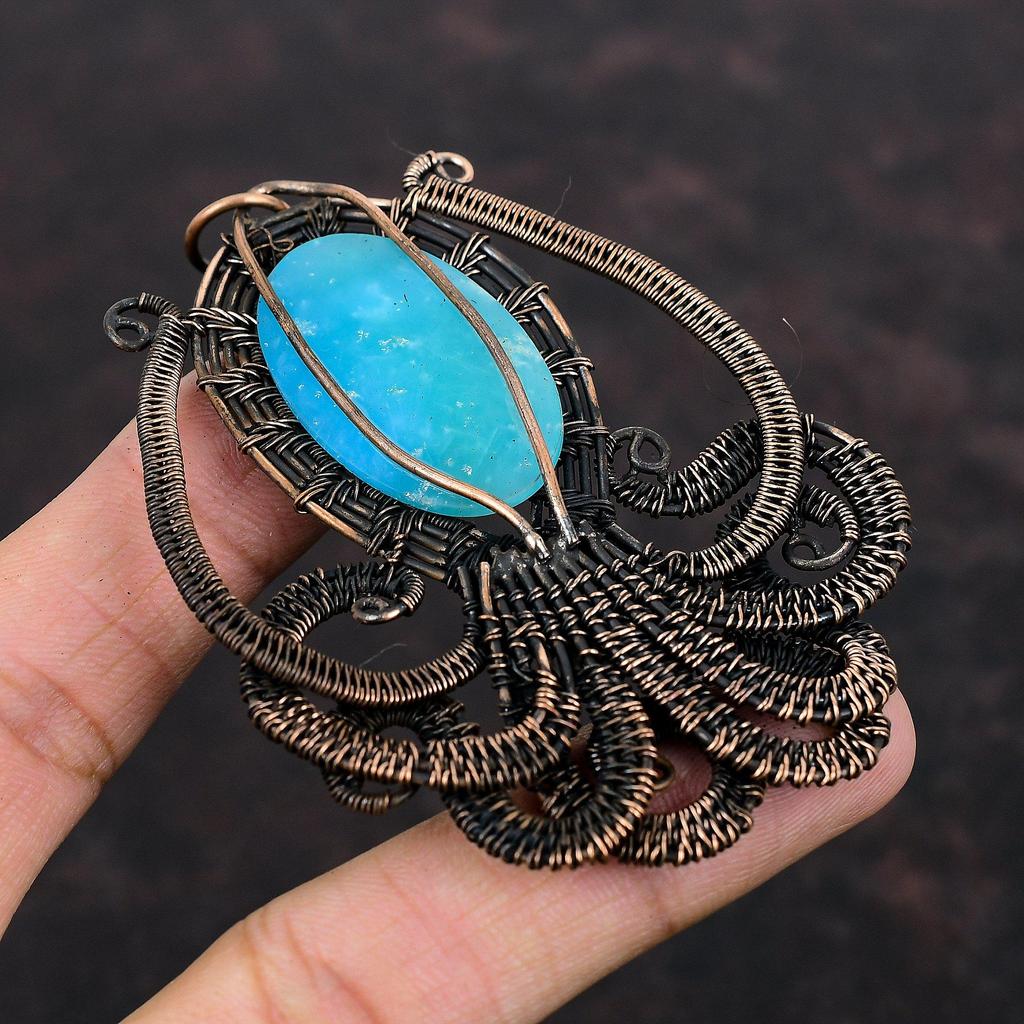 Смитсонитовый медный кулон, медная проволока, обернутая кулоном, ювелирные изделия из драгоценных камней, кулон в виде осьминога, кулон ручной работы, медная проволока, ювелирное изделие, подарок для женщин