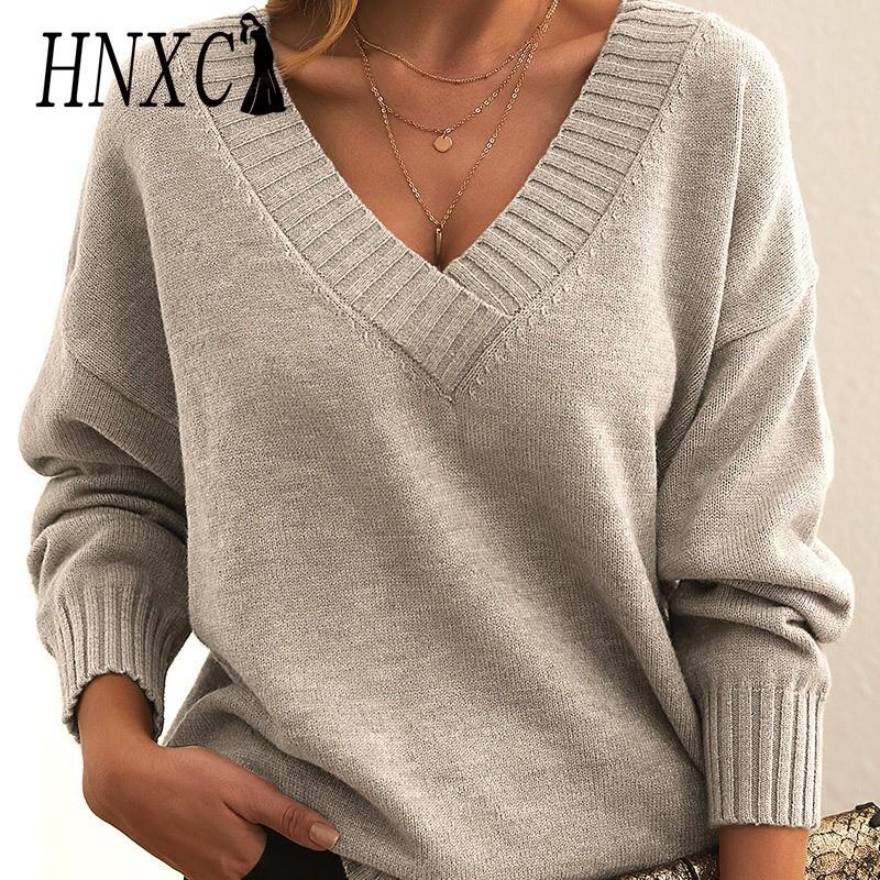 HNXC Женская мода, повседневный однотонный принт, осень-зима, свободные свитера с длинным рукавом и v-образным вырезом