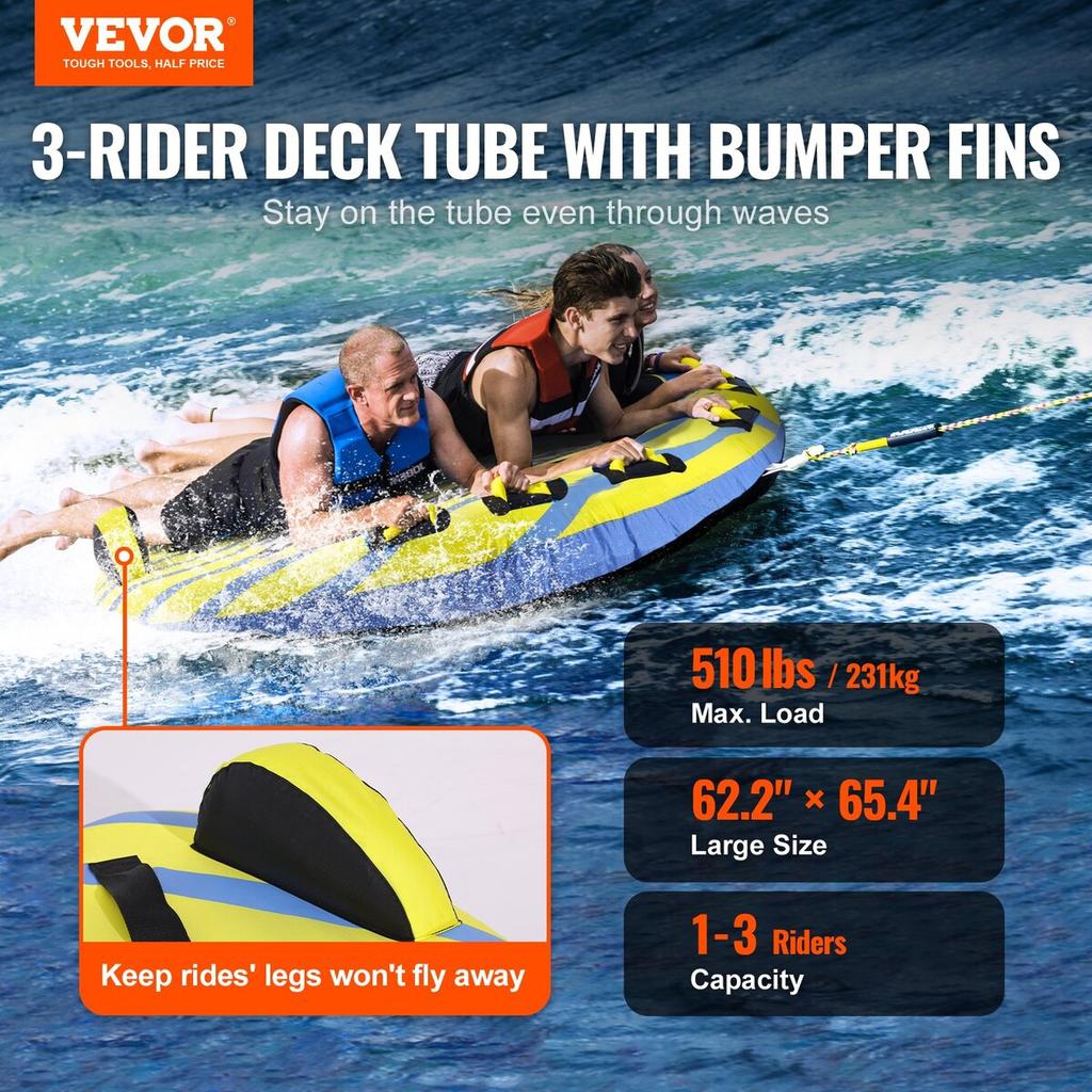 Towable Tube for Boating, 1-3 Riders Inflatable Towable Tube with Bumper Fins, 510 lbs Water Sport Towable Tubes for Boats to Pull, Full Nylon Cover,