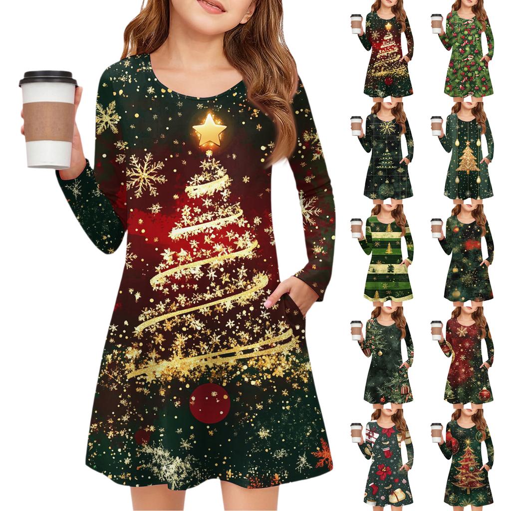 Christmas Day Girls' Long Sleeve Dress - Color Pocket Dress