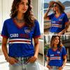 Cabo Verde Womens V Neck Football Shirt 2026 Tribal Stripe Panel Print Casual Short Sleeve Summer Top Heritage Style Island Wear