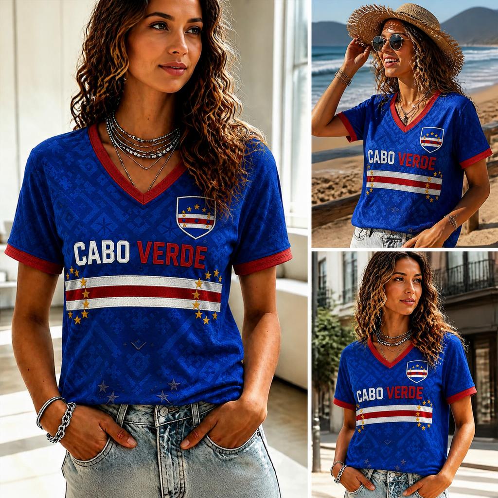 Cabo Verde Womens V Neck Football Shirt 2026 Tribal Stripe Panel Print Casual Short Sleeve Summer Top Heritage Style Island Wear