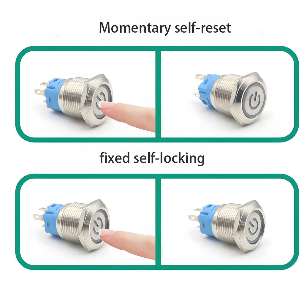 5 pcs Metal Push Button Switch 16mm 19mm 22mm Ring Lamp Power Symbol LED Light 6V 12V 24V 220V Self Lock Reset with Connector