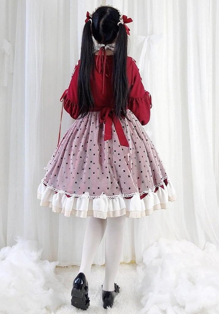 Lolita Gothic Long Mori Young Lady [Hosaku Co., Ltd.] Dress, Lolita, Sleeve, Ruffles, Dreamy, Girl, Cosplay, Christmas, Halloween, (M, Red)
