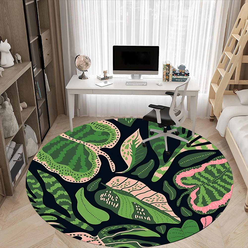 1pc Jungle Leaves Office Round Area Rug, Indoor Mat Suitable ForOffice, Under Office Chairs Bedroom Living Room Home Decor, Room Deco D109
