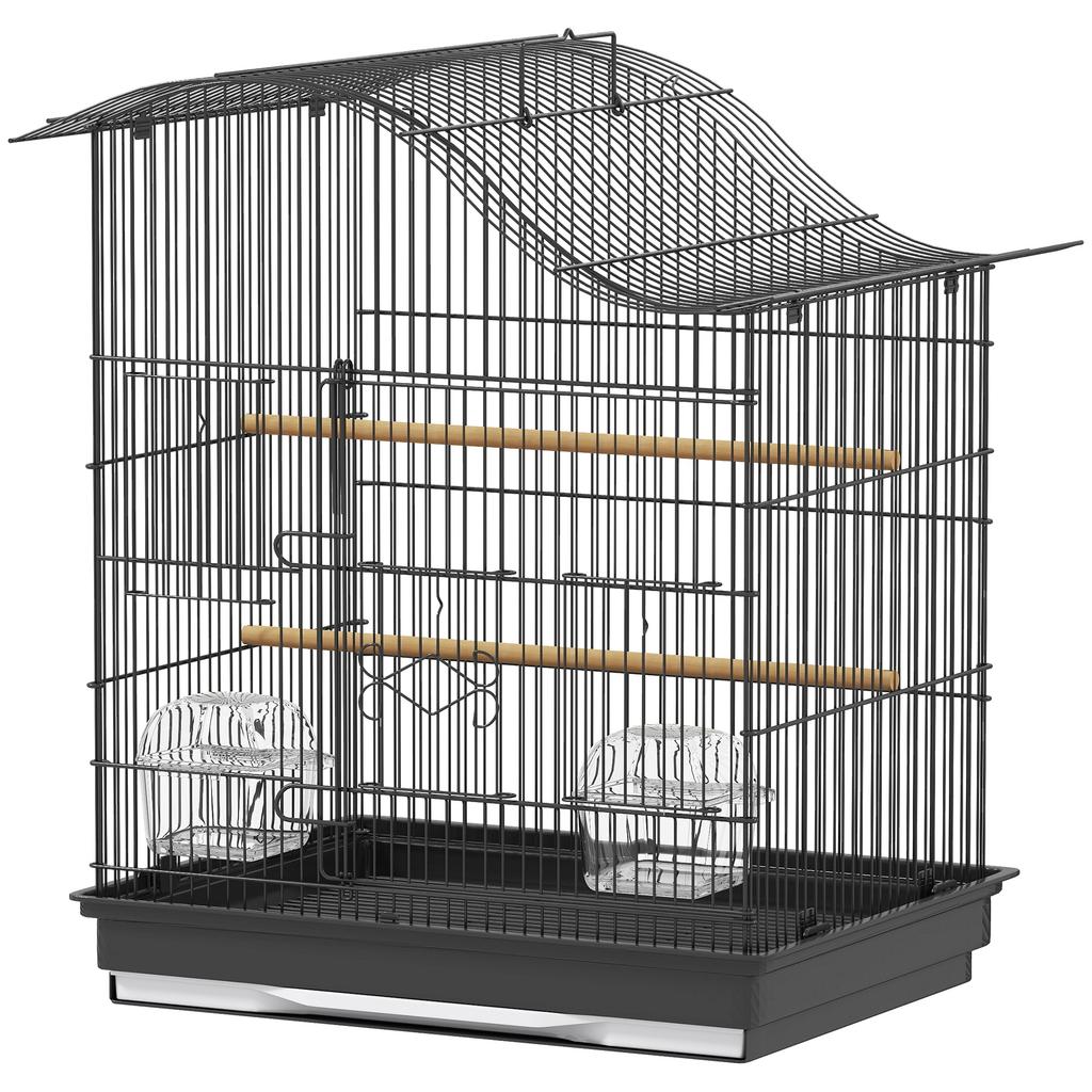 4-Door Bird Cage with 2 Bowls, 2 Perches and Tray, Metal and Plastic, 47.5x36x54.5 cm, Black