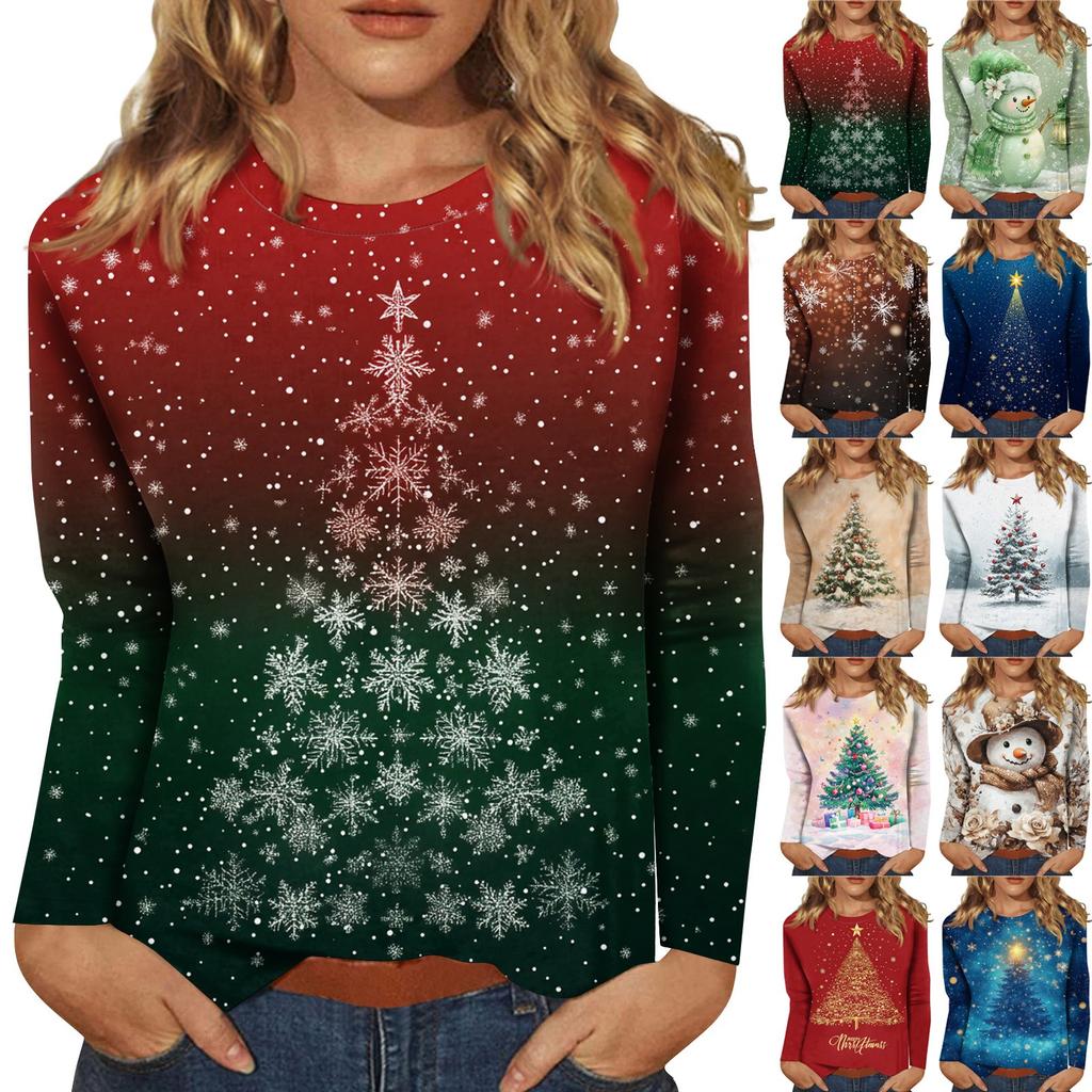 Long Sleeve Shirts For Women Cute Print Graphic Tees Blouses Casual Plus Size Basic Tops Pullover Christmas