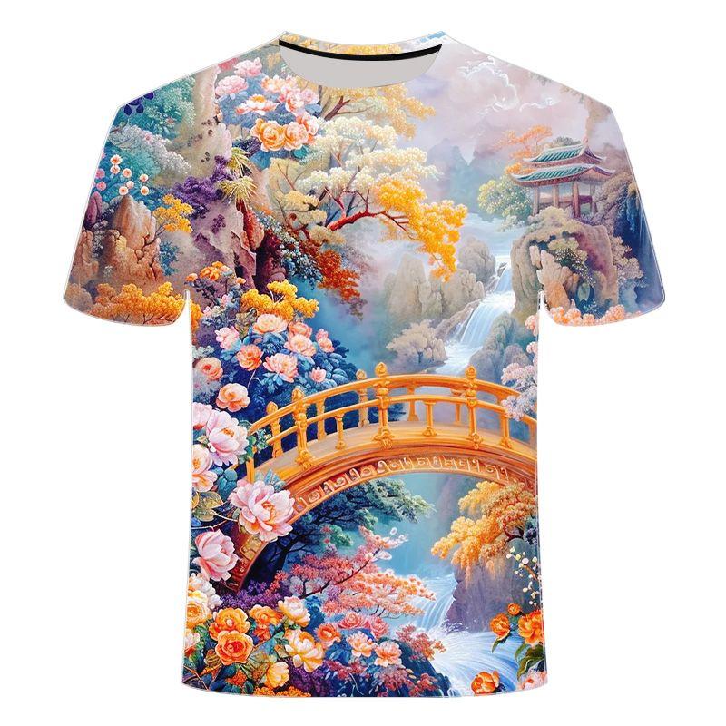 2024 Summer New Men's and Women's 3D Printed Round Neck T-shirt Popular, Stunning Scenery Series