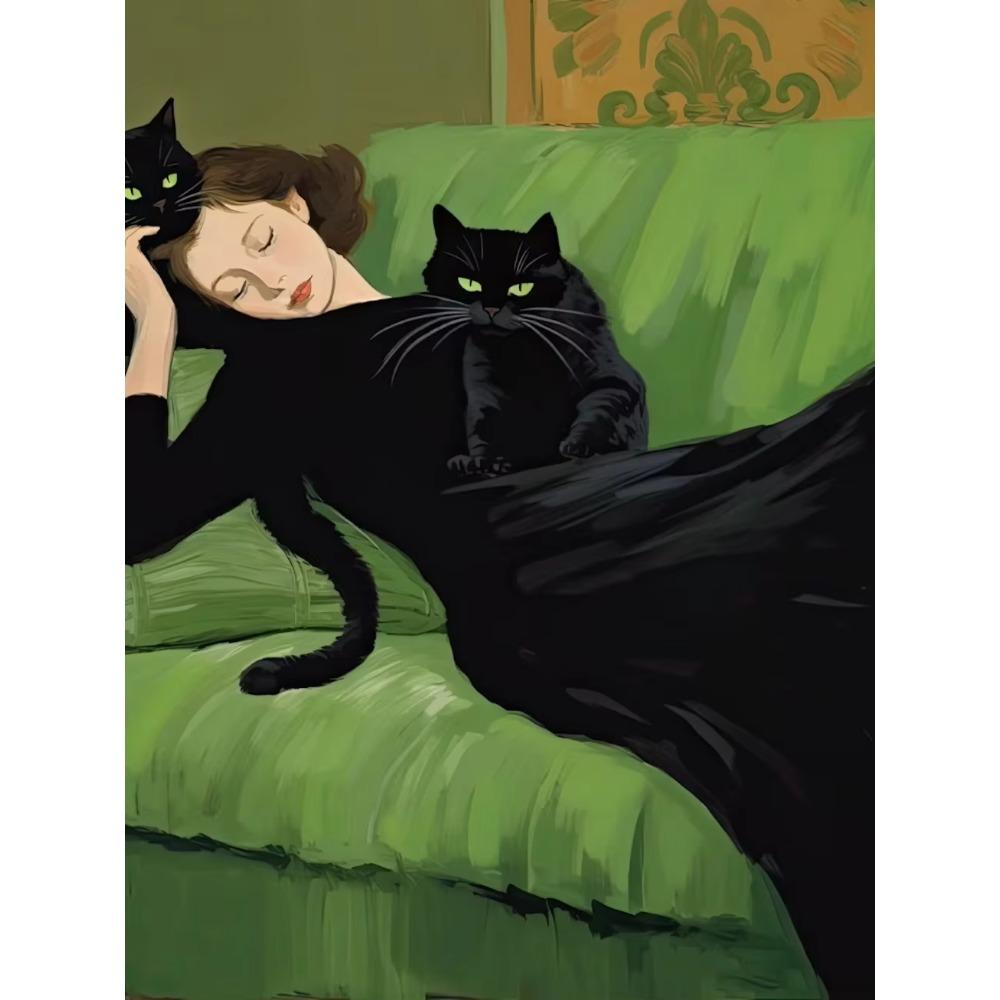 Vintage Decadent Young Woman After The Dance with Cats Poster Prints Abstract Canvas Painting Wall Art Picture for Home
