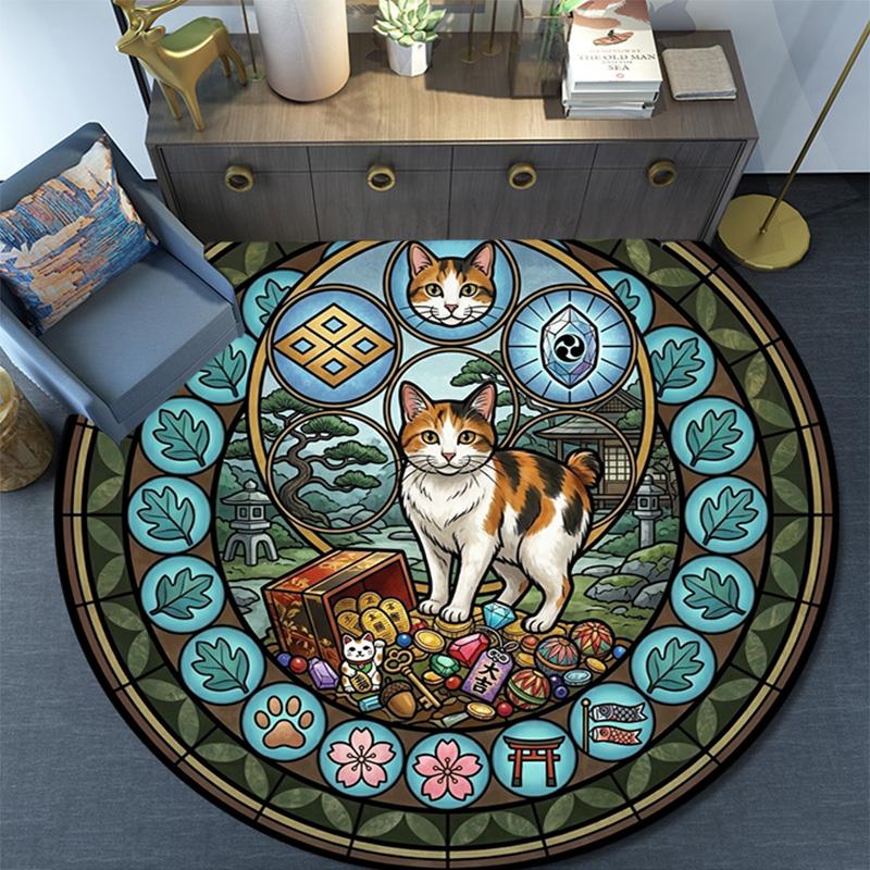 Cats Peacocks Elephants Gems Temple Glass Round Area Rug Under Office Chairs Bedroom Living Room Home Decor