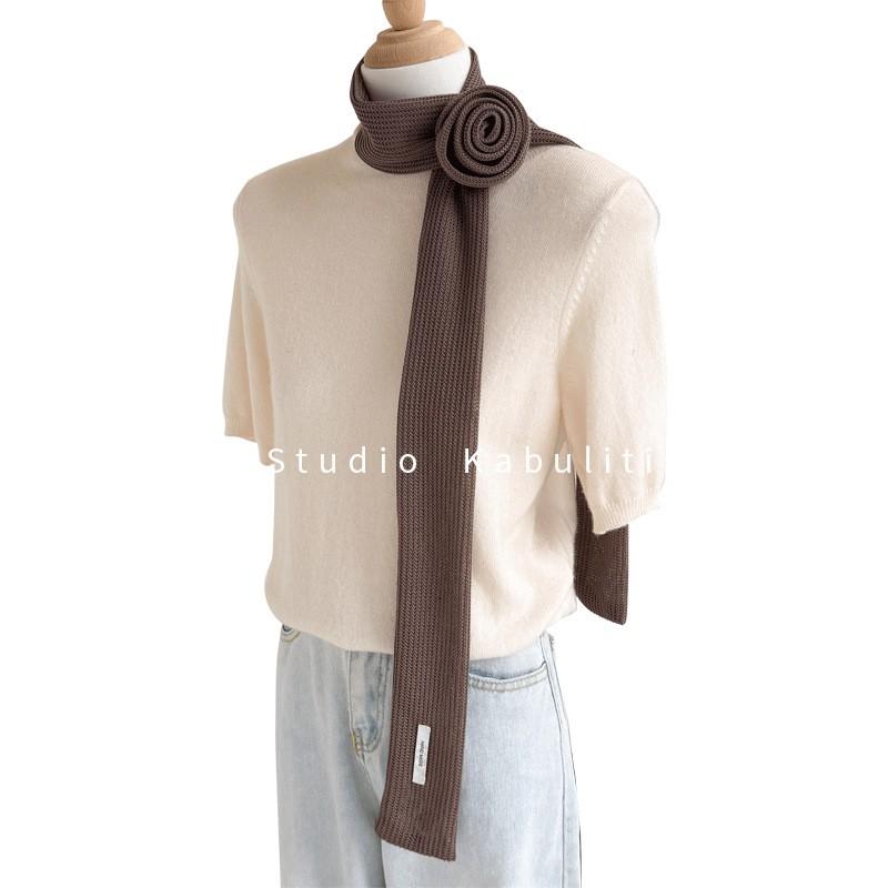 Womens Lightweight Knitted Scarf With Floral Trim Solid Color Long Narrow Neck Wrap Office Casual Wear