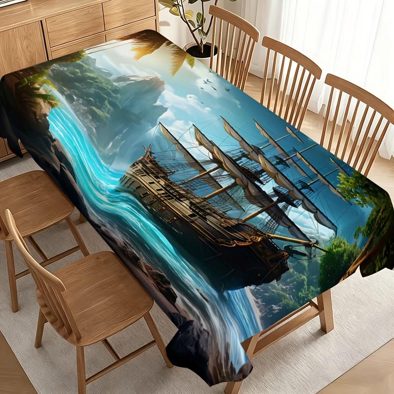 "Party Tablecloth/Tablecover" Tropical Pirate Adventure Tablecloth with Golden Ship, White Sails, And Palm Fronds, Durable Polyester, No Electricity N