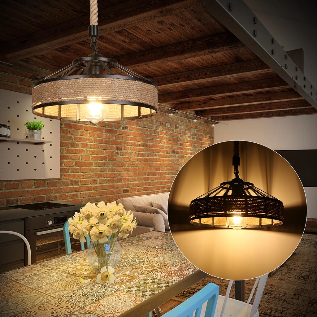 Industrial Hemps Rope Pendants Light Basket Rustic Chandelier Vintage Ceiling Lamp Iron Metal