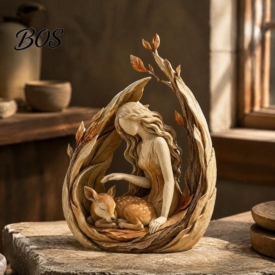 Bohemian Home Decor Woodland Guardian Resin Figurine, Rustic Forest Woman Sculpture with Fox Deer Owl, Mantel Decoration Boho Tabletop Ornament