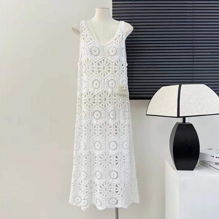 DIMANAF 2025 Новое платье женское трикотажное кружевное длинное открытое сексуальное жилет с круглым вырезом открытое летнее платье топы футболки свободные базовые