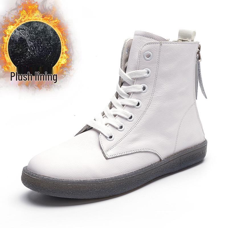 Женские Белые Ботинки Мартинс Большого Размера Высокие - 2025 Универсальные Осенне-Зимние На Плоской Подошве с Утеплением Флисом и Двойными Молниями.