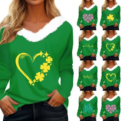 Женская футболка St. Рубашка с принтом Патрика, длинный рукав, праздничная атмосфера, флисовый воротник, топ с V-образным вырезом