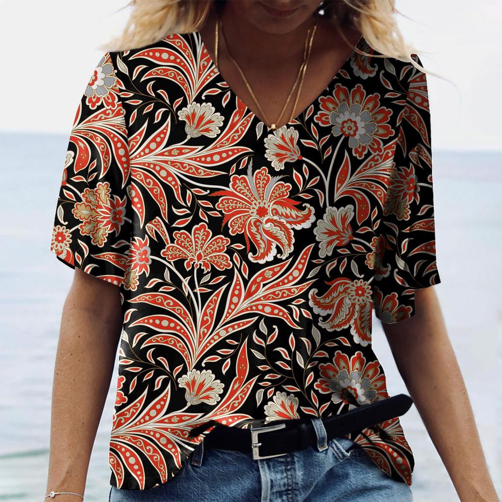 Women XL-7XL Plus Size T Shirt V Neck Short Sleeve Tops 3D Floral Print T Shirts Summer Lovers Couples T Shirt