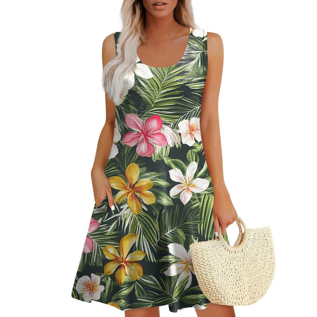 Women's Summer Casual Square Neck Floral Print Sleeveless Dress With Pockets
