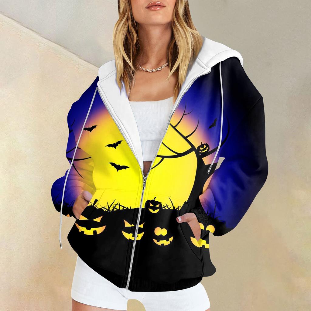 Women's Fashion Casual Halloween Printed Sweatshirt Autumn Winter Long Sleeve Cardigan With Pockets Zipper Hoodie Jacket