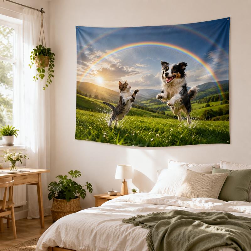 Rainbow Meadow Cute Pet Tapestry, Tabby Cat and Border Collie on a Green Hill at Sunset Wall Hanging, Home Decor