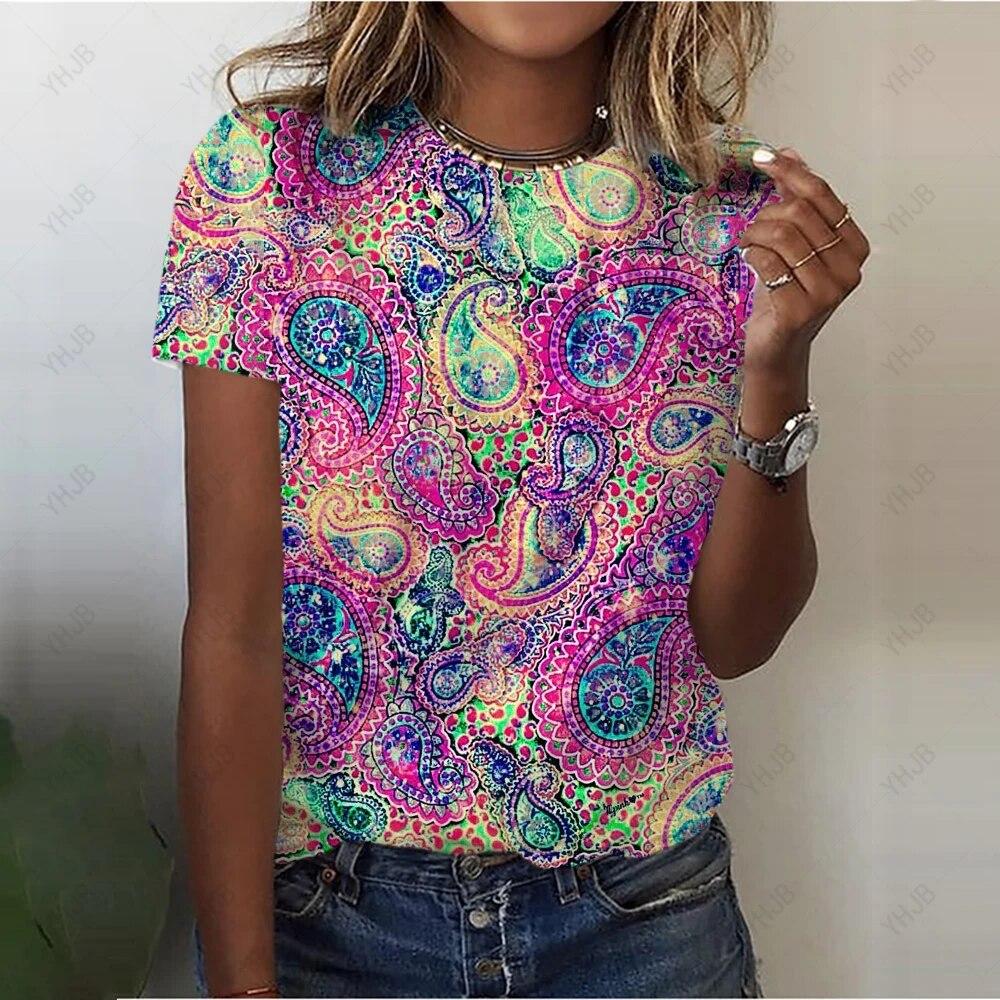 Summer O-Neck Casual Bohemian Print Ladies Tee Shirts Lion 3D Print T Shirt Women Fashion Loose Short Sleeve Tops Oversized