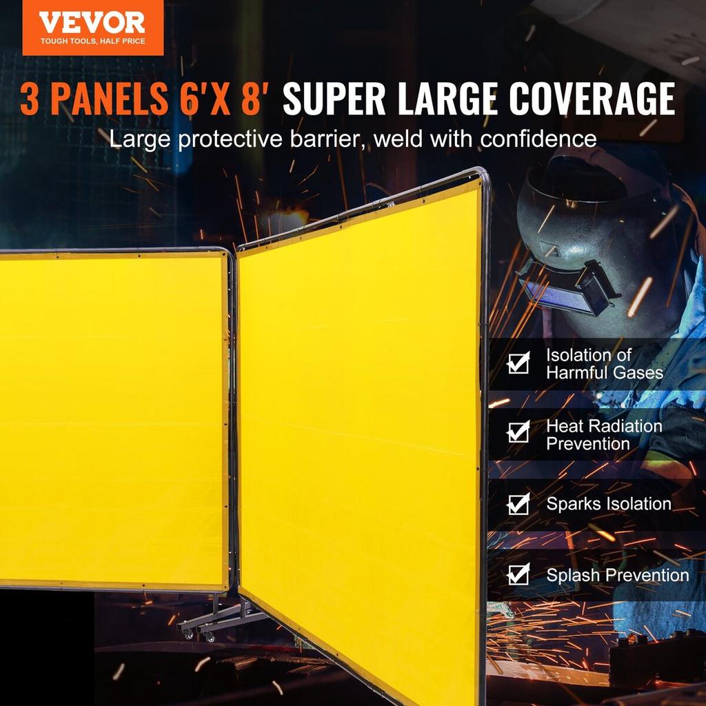 Welding Screen with Frame, 6' x 8' 3 Panel Welding Curtain Screens, Flame-Resistant Vinyl Welding Protection Screen on 12 Swivel Wheels (6 Lockable),