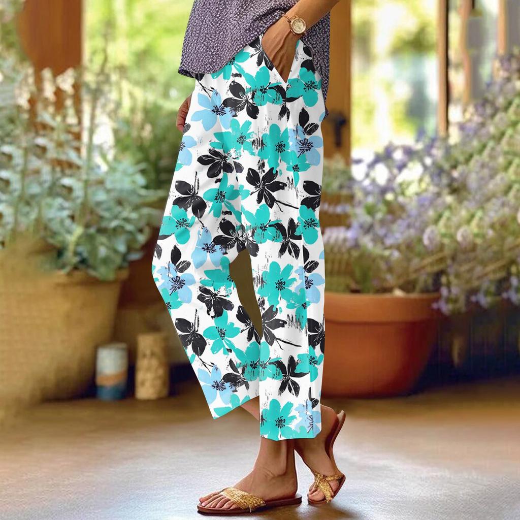 Women's Fashionable Floral Print Straight Leg Pocket Elastic Waist Casual Pants Pants