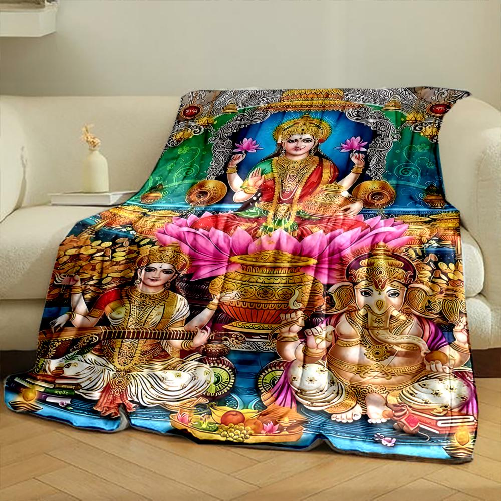 Colorful Divine Figures with Lotus MotifsFlannel blanket for bedroom, living room, sofa, and nap
