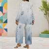 Women Plus Size Round Neck Long Sleeve Printed Layered Top Wide Leg Cropped Pants Two Piece Set