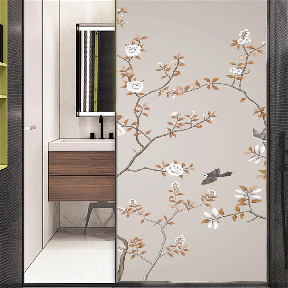Static Cling Decorative Windows Film Privacy Flower and Bird Glass Window Stickers Frosted Window Film for Home Decor