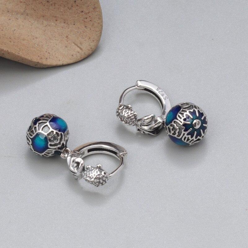 Стерлингового серебра 925 пробы, эмалированный шарик, золотая рыбка, пряжка для ушей, зажим для ушей, винтажные висячие серьги в этническом стиле, женские украшения, оригинальные сертифицированные