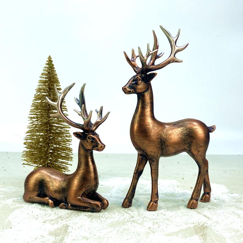 2 Packs Copper Animal Reindeer Figurines Resin Art Deco Decor for Home Sitting & Standing Elk Statues