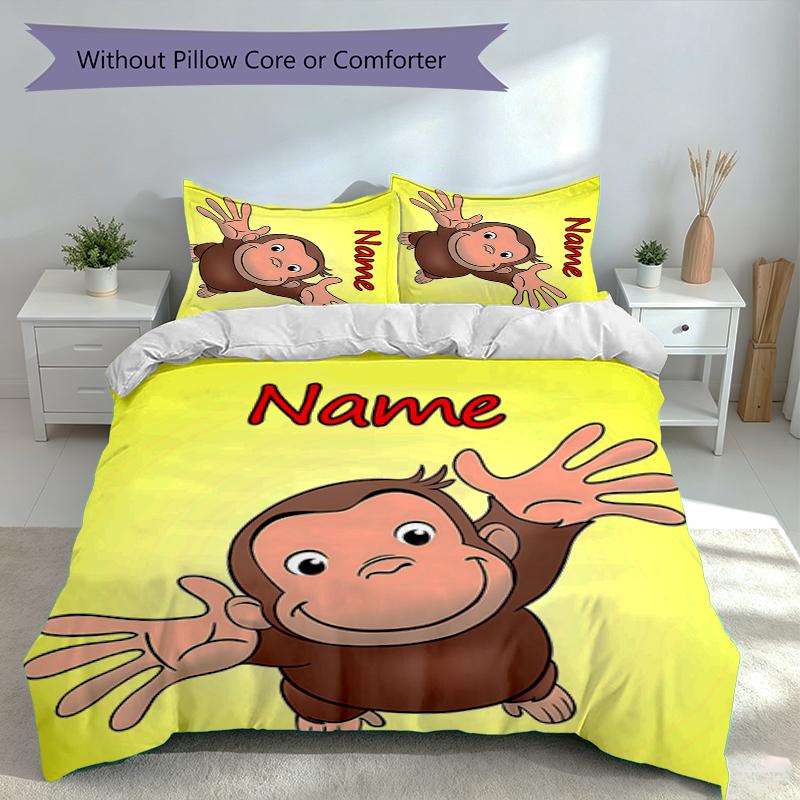 3pcs Custom Name Curious George Set,Includes 1 Duvet Cover and 2 Pillowcases,All-season Bedroom Decor