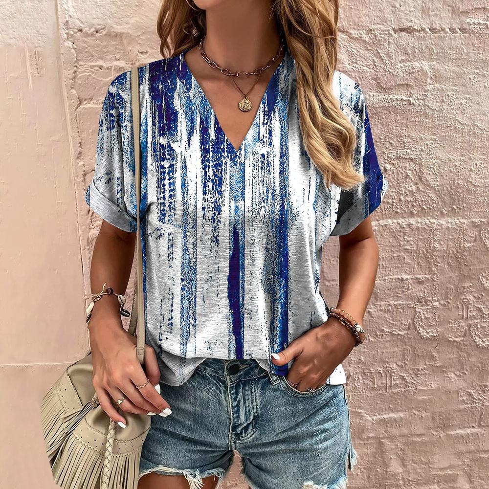 Летняя женская футболка с полосатым принтом, футболка в стиле тай-дай с коротким рукавом, женская одежда, V-образный вырез, свободная блузка, женские футболки