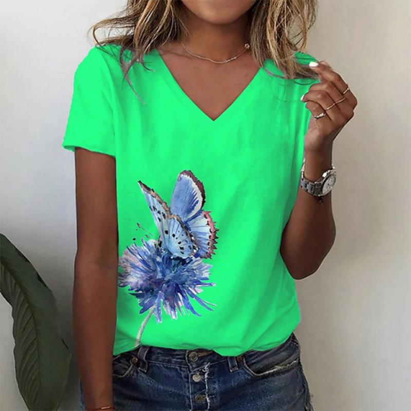 Футболка с 3D-принтом «Цветочная бабочка», женская, с V-образным вырезом, с коротким рукавом, топы Y2k, уличная одежда, футболки больших размеров в стиле Харадзюку, женская одежда