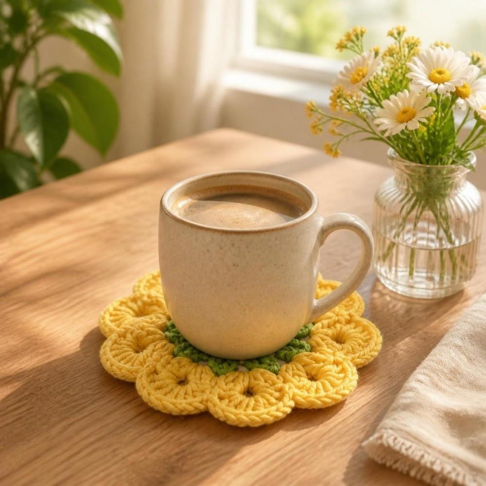 Knitted Crochet Flower Coasters Handmade Placemats Gift Trivet Mats Tea Cup Use