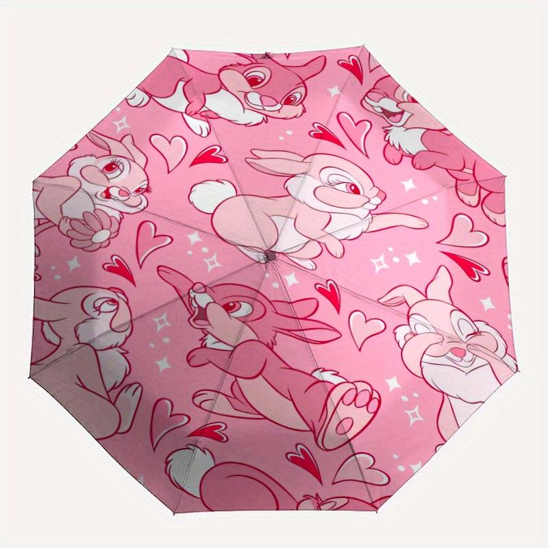 Pink Bunny Love Heart Automatic Opening and Closing Umbrella - Small Umbrella Suitable for Various Occasions, Portable 3-Fold Small Umbrella