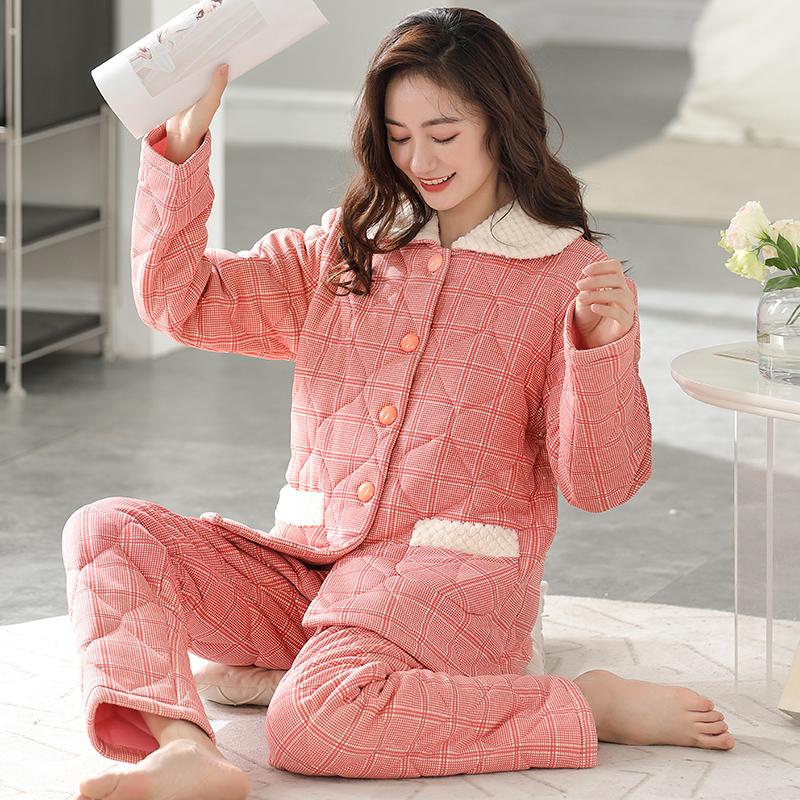 Женская пижама, зимний кардиган из плюша и хлопка в клетку, зимний трехслойный комплект из плотного хлопка для домашней одежды