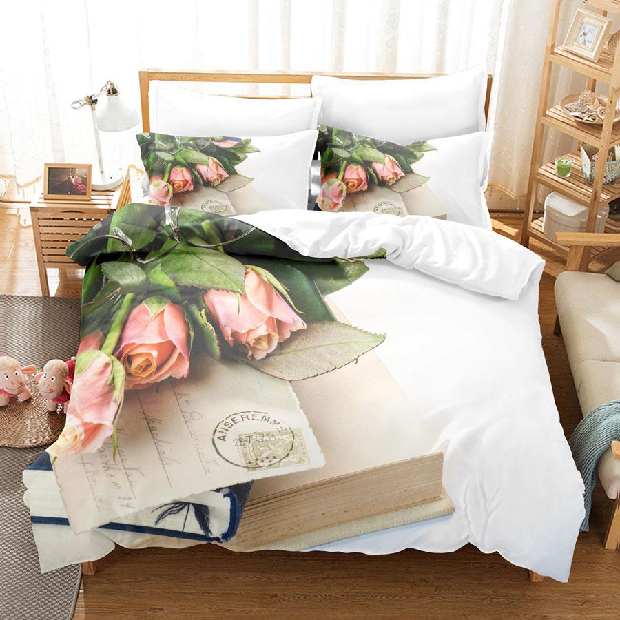 Pink Flower Duvet Cover and Pillowcases Set King Size 220x240 Double Bed Single 3D Queen Bedding Sets Pink Full Twin Quilt Linen