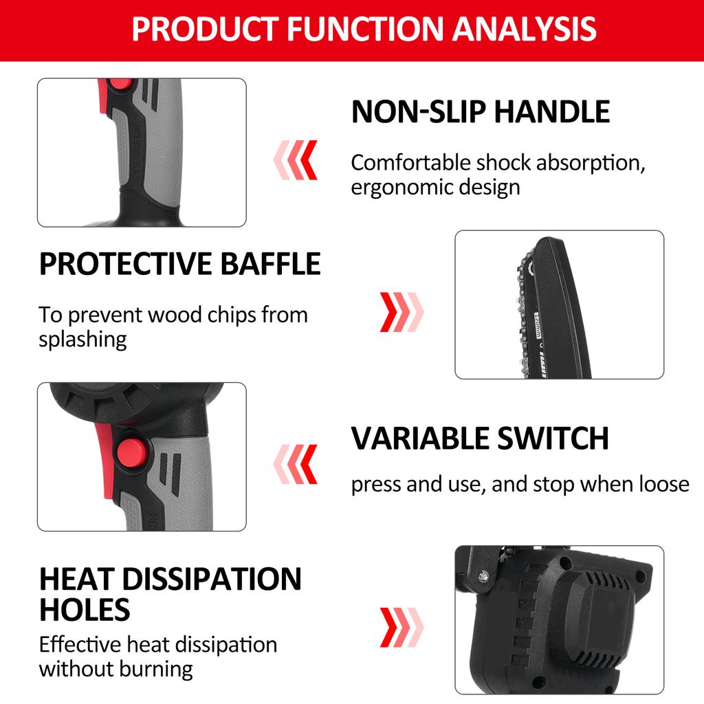 Мини-бензопила 6-дюймовая цепная пила с аккумуляторами 21 В, 2000 мАч Портативная ручная электрическая цепная пила