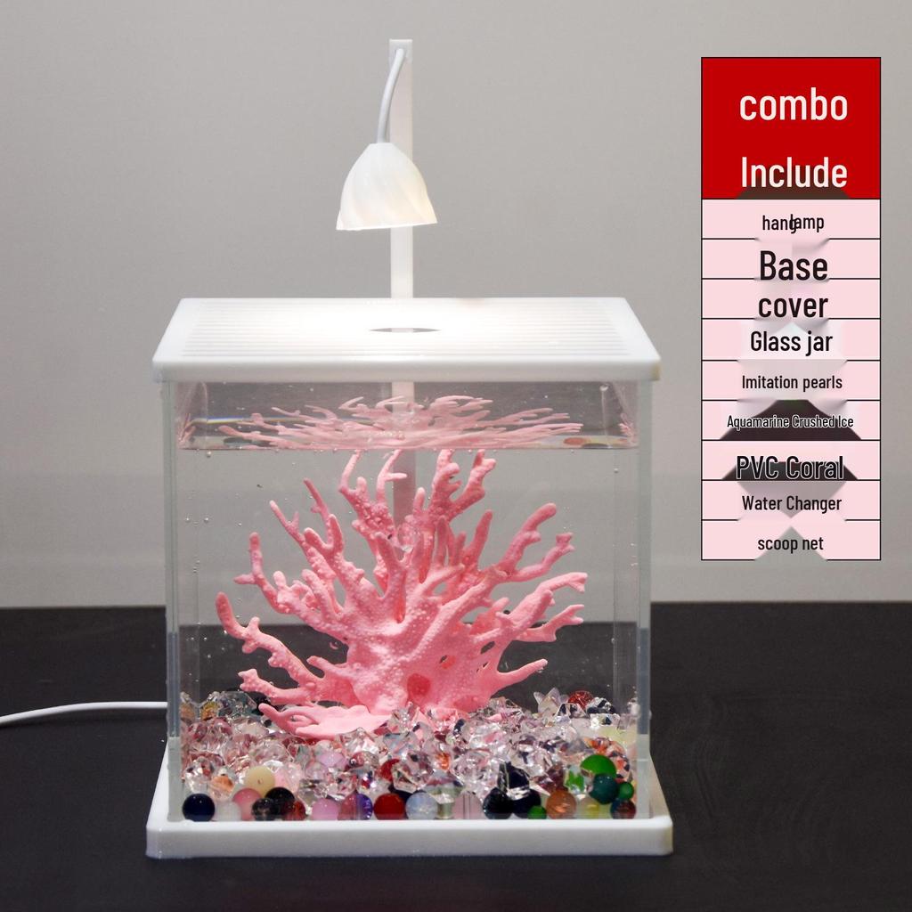 Mini Ultra-White Glass Fish Tank with Rose Light - Transparent Betta Tropical Fish Eco-Tank