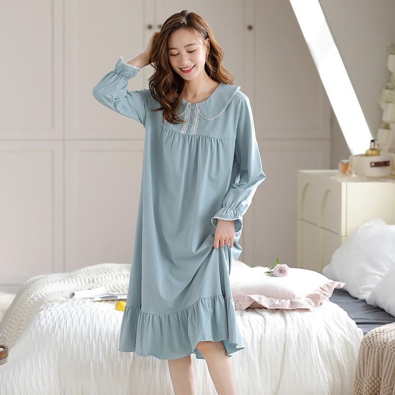 Womens Cotton Long Sleeve Pajama Dress Princess Style Loungewear Pregnant Women
