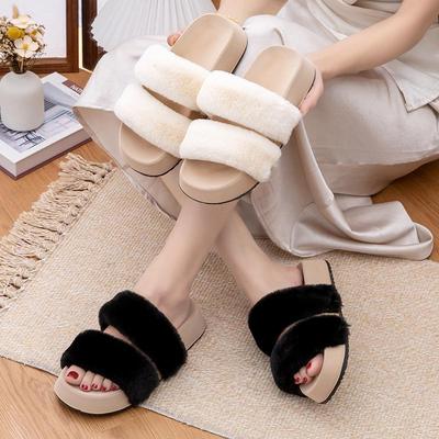 Женские меховые тапочки премиум-класса: Толстая подошва, Нескользящая, Плоская, Плюс бархат, Для улицы, Коллекция Осень/Зима 2025.