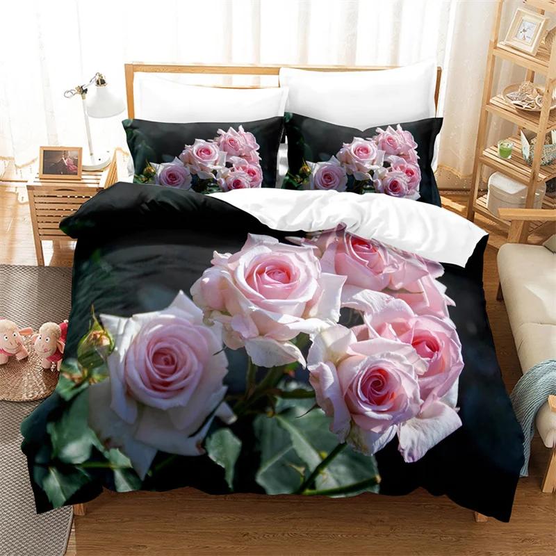 Comforter Rose Flower Bedding Set 4Pcs Pink Red 200X230 For Double Bed 3D Bedsheet 230X230 Full Size Thin Fabric