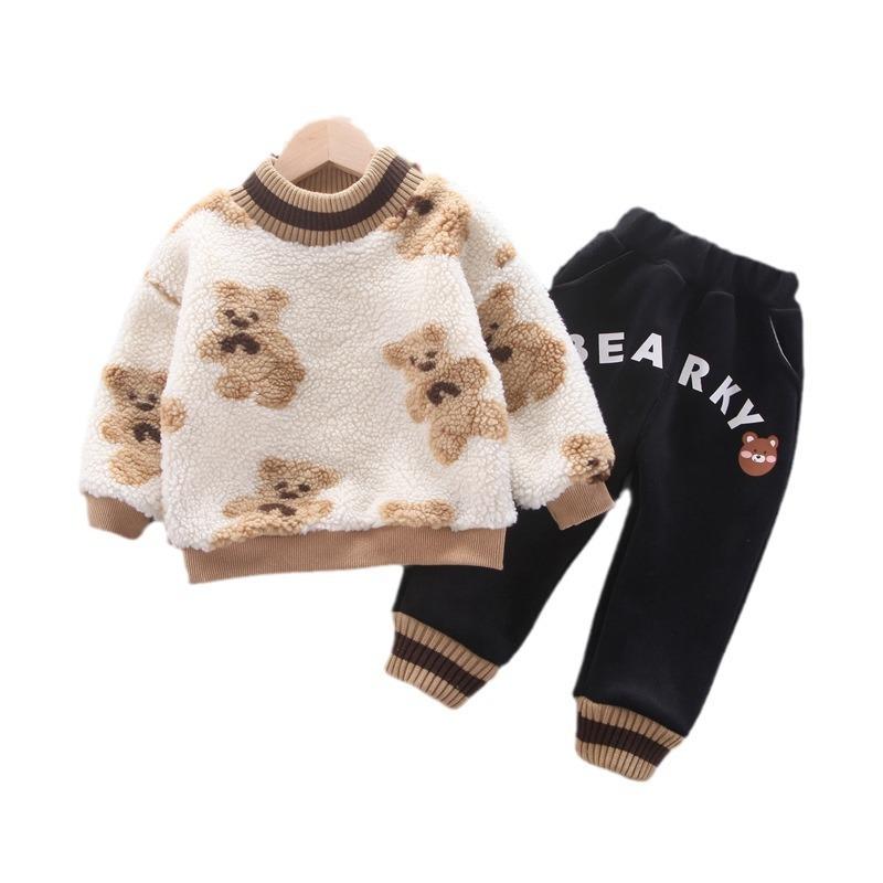 Зимний новый детский круглый вырез с принтом в виде медведя в стиле вестерн плюс толстый бархатный свитер из двух частей
